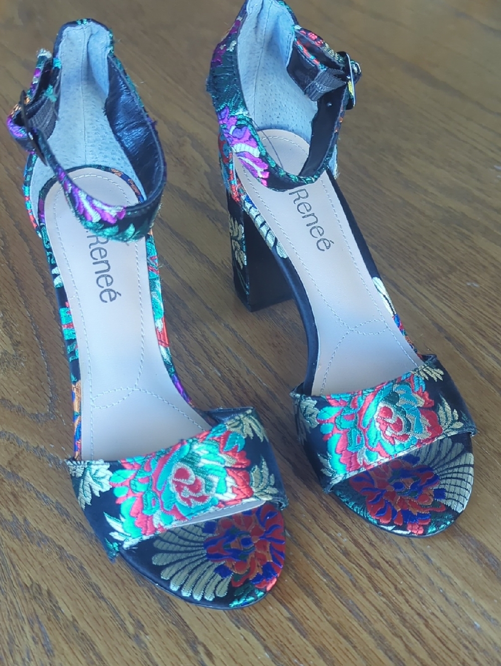 J.Renee Black Floral Embroidered Block Heel Sandals